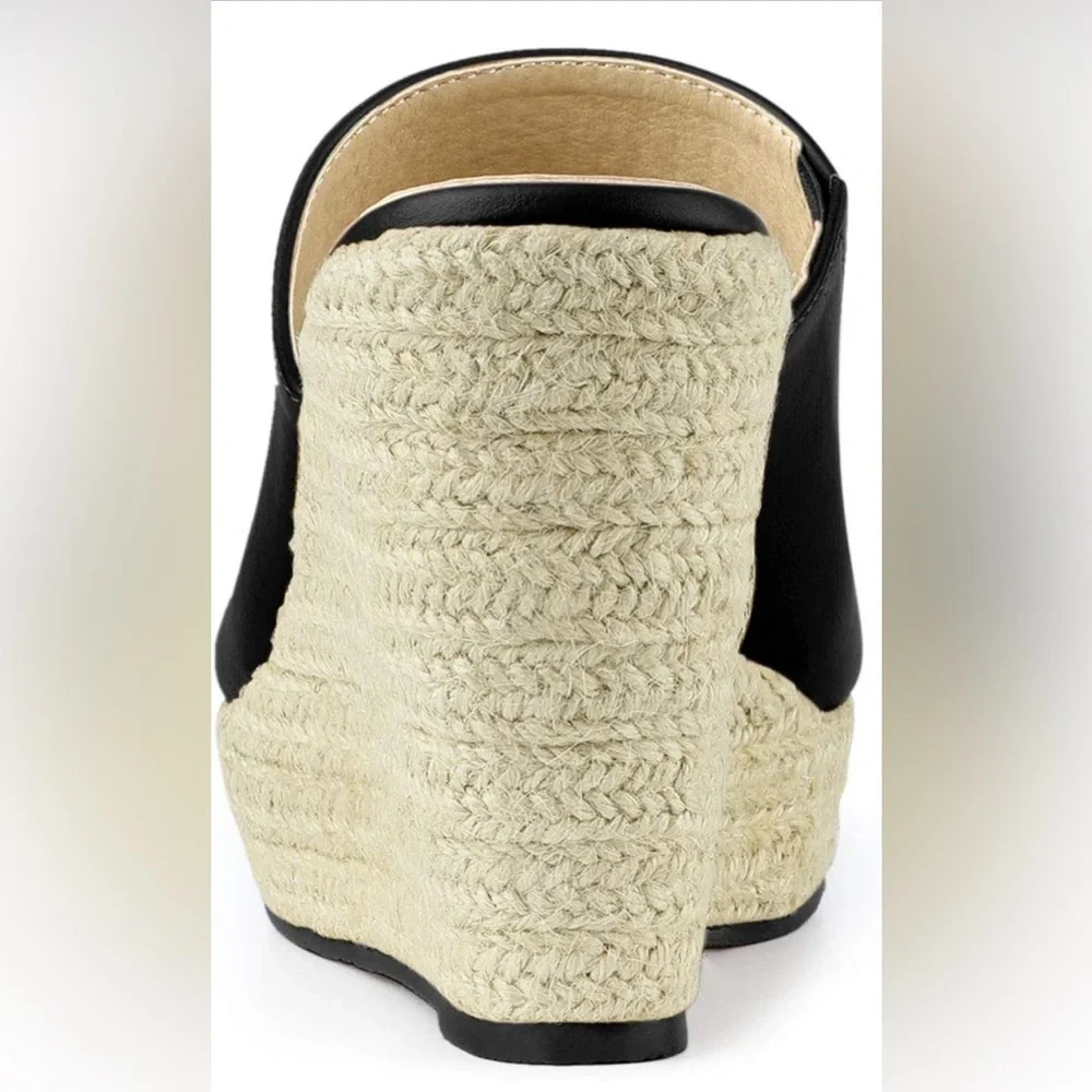 Allegra K Slip on Platform Sandals Espadrilles Wedges Slides Mules, Black 9
